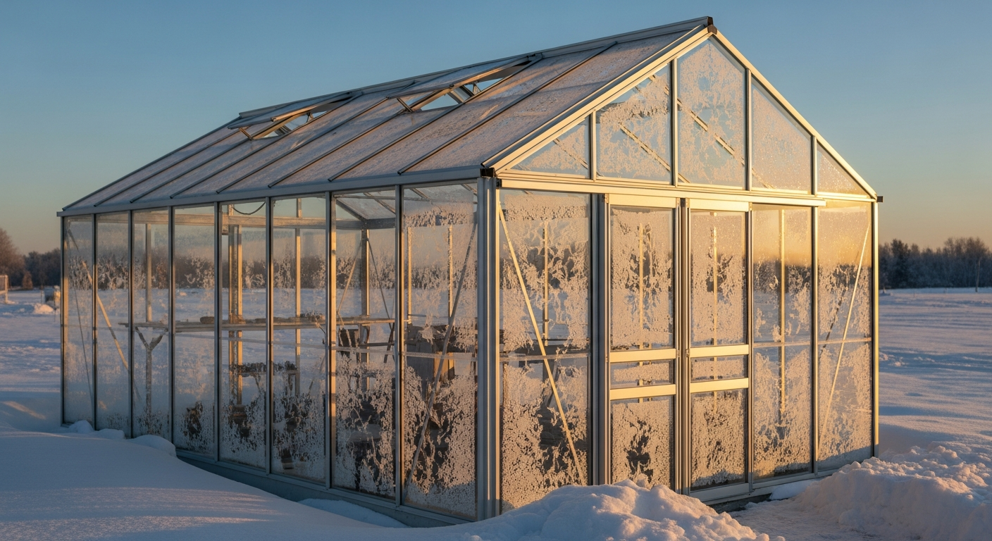 Lyxfönster Premium Aluminum Greenhouse with snow-covered roof in Nordic winter landscape