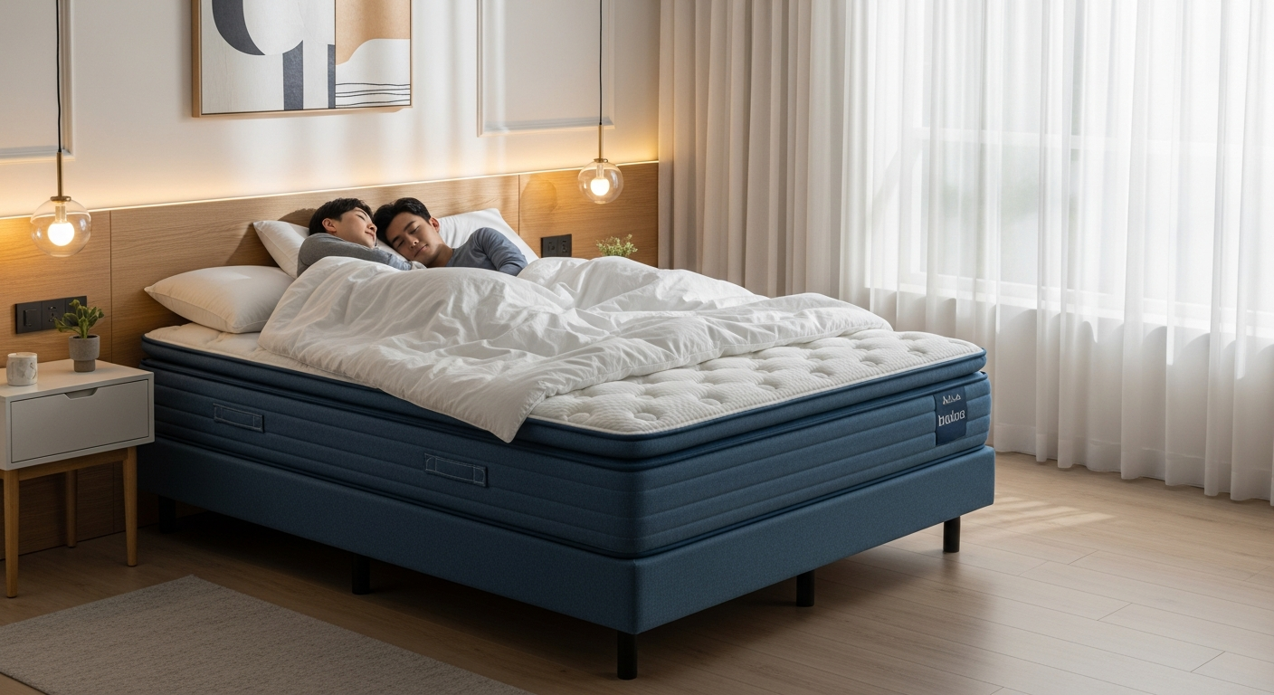 Marine Blue Luxe Hybrid Mattress displayed in modern bedroom with couple sleeping peacefully together