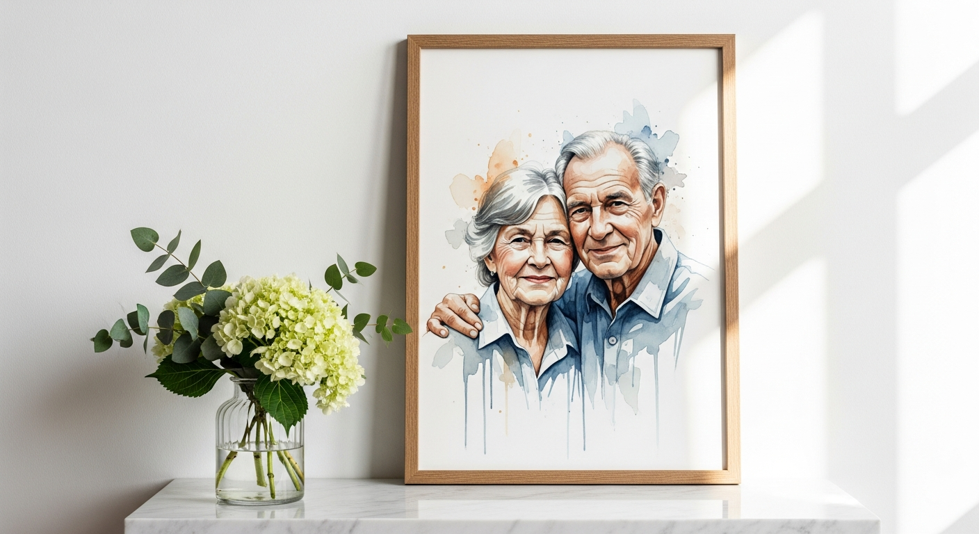Custom watercolor memorial portrait merging multiple family photographs into one unified artistic composition