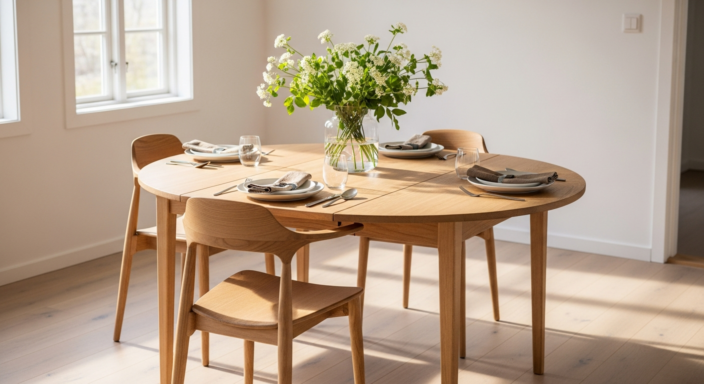 AMELIA Round Extendable Dining Table in solid oak wood with extended leaf mechanism