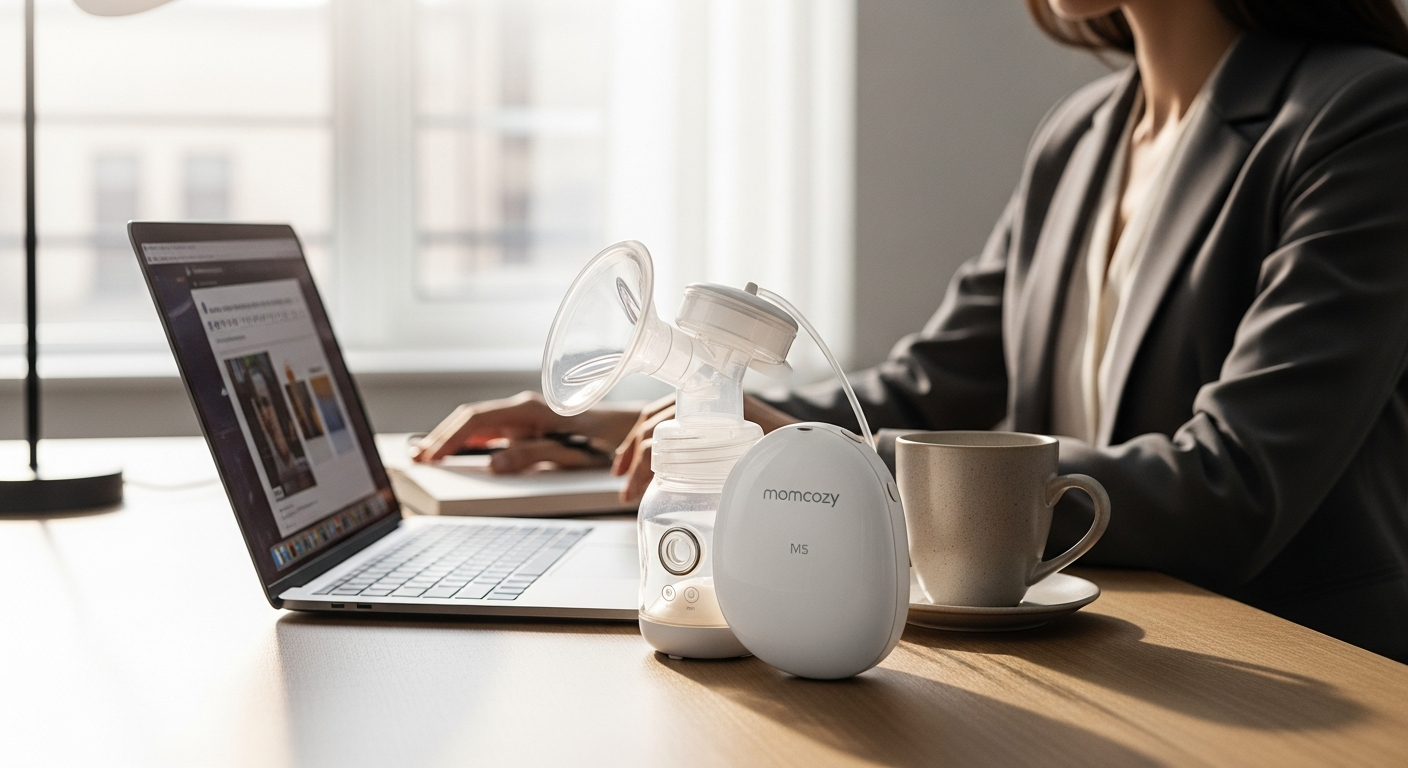 Momcozy M5 Smart Wearable Breast Pump displayed with app interface on smartphone screen