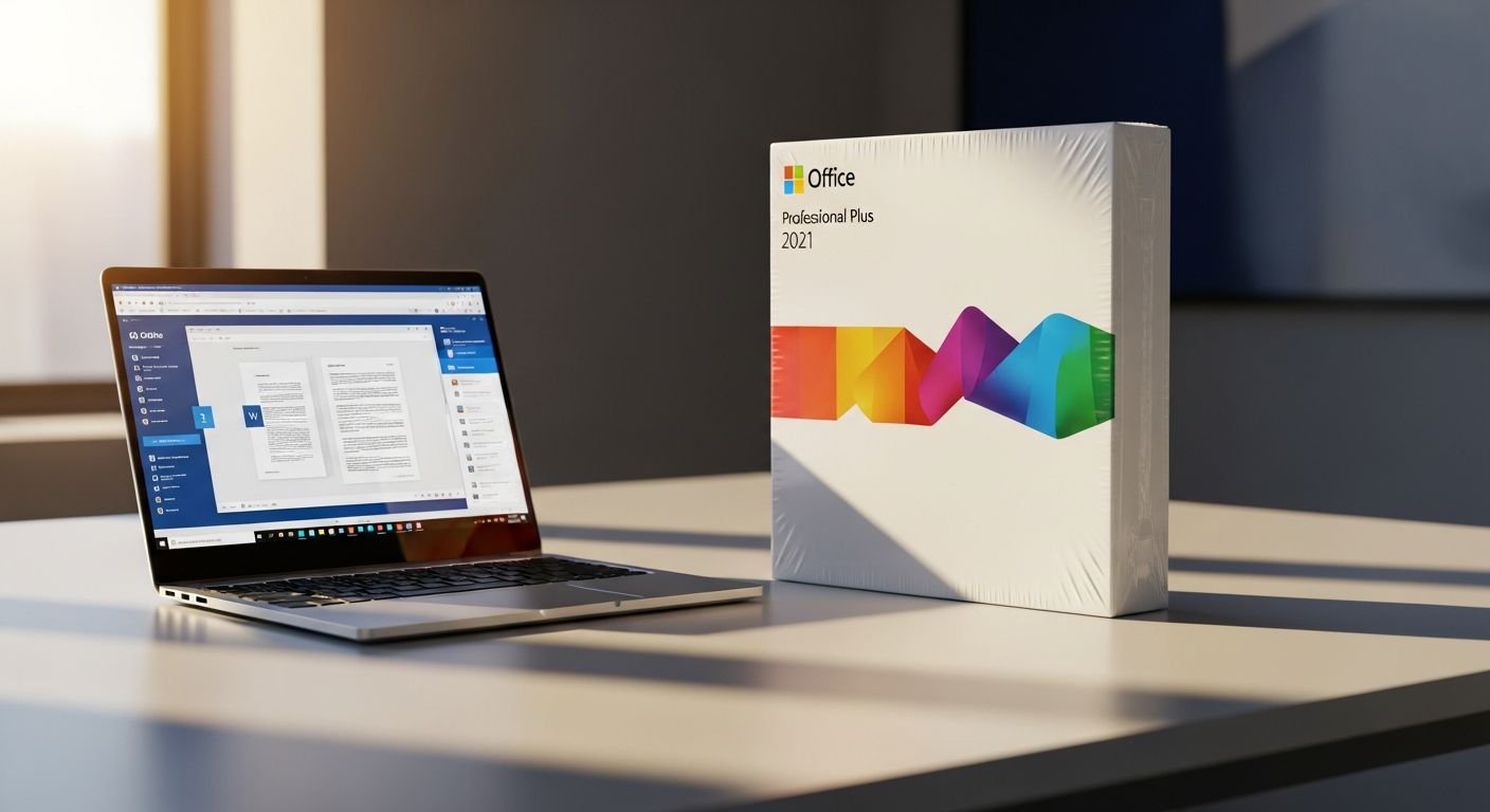 Microsoft Office 2021 Professional Plus License box displayed with productivity application icons