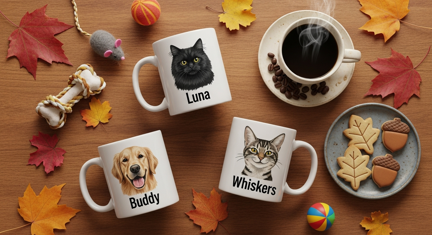 Personalized pet owner mug featuring custom dog and cat illustrations with owner portrait