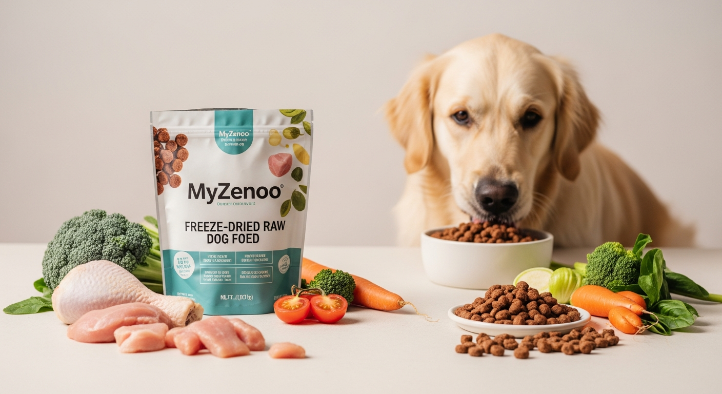 MyZenoo Freeze-Dried Raw Dog Food package with turkey and rabbit recipes displayed
