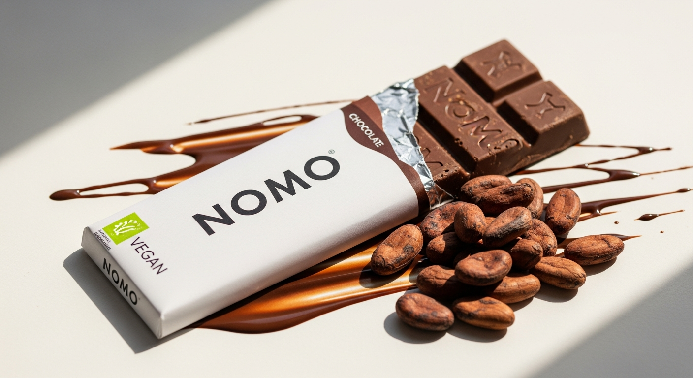 NOMO Creamy Choc Bar vegan chocolate product displayed on white background