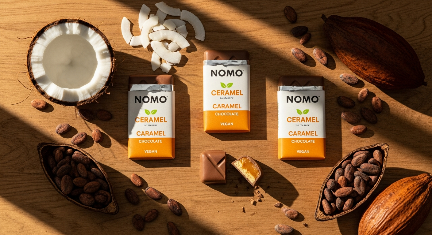 NOMO Vegan Caramel Filled Chocolate Bar in packaging displayed on white background