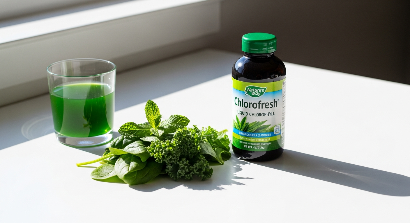 Nature's Way Chlorofresh Liquid Chlorophyll bottle with mint and unflavored varieties displayed
