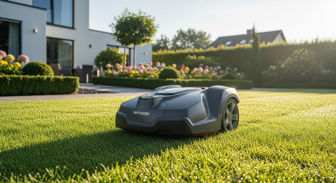 Navimow H1500N-VF robotic lawnmower navigating residential lawn with RTK technology