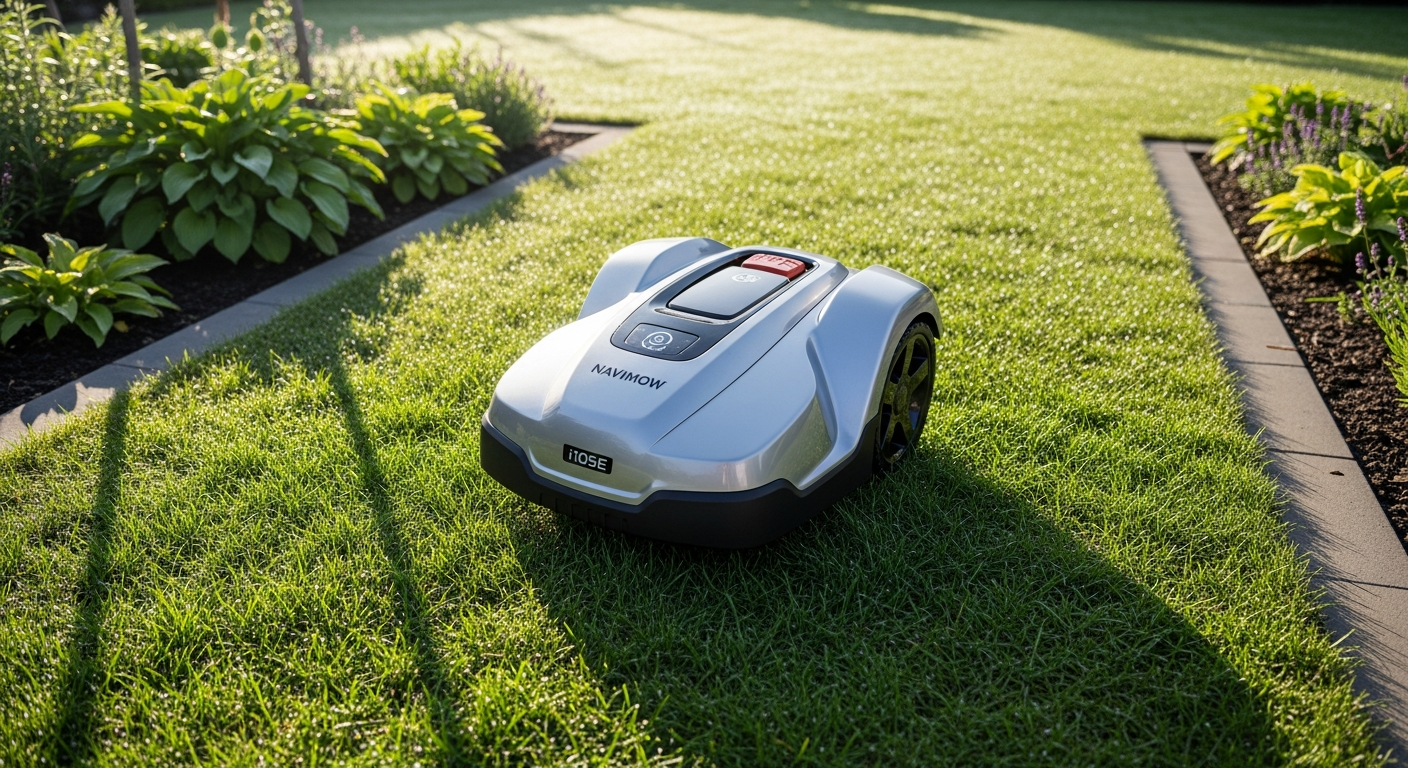 Navimow i105E wire-free robotic mower on green lawn with GPS navigation