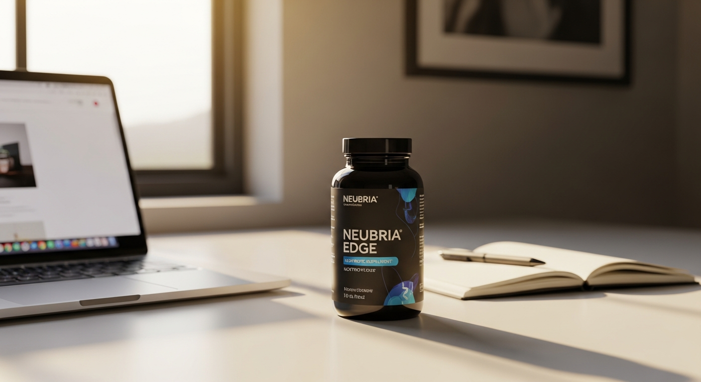 Neubria Edge nootropic supplement bottle with botanical ingredients and vitamins displayed
