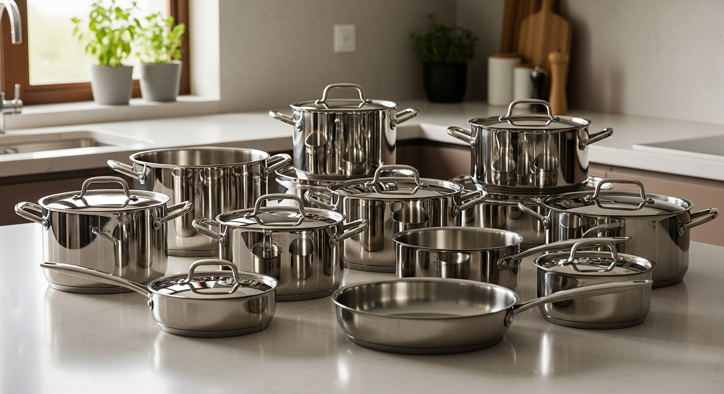 Nuovva 14-piece stainless steel cookware set with glass lids displayed on kitchen counter