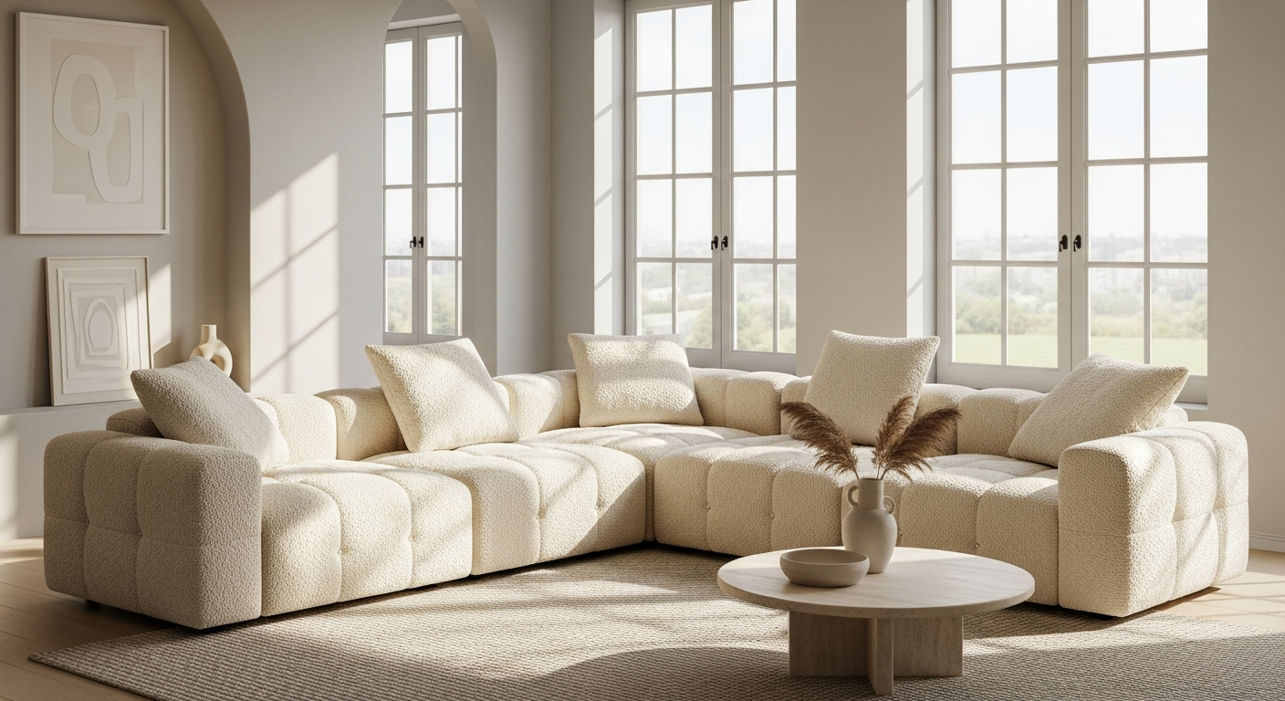 Cream boucle modular sofa with curved silhouette and black base
