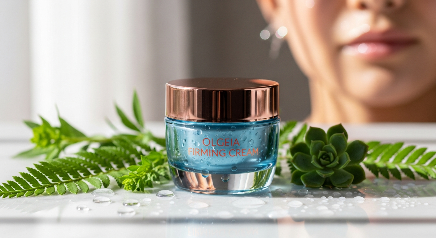 Osmotic Blue Copper 5 Firming Cream jar displayed with copper peptide ingredient molecules and hydrated skin texture background