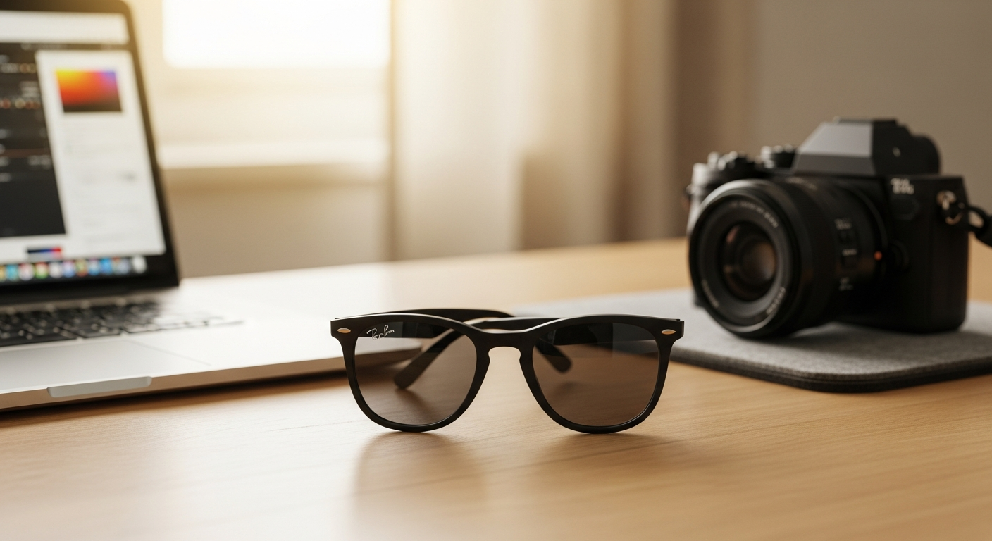 Ray-Ban Meta Wayfarer smart glasses displayed on a neutral background showing camera and microphone features