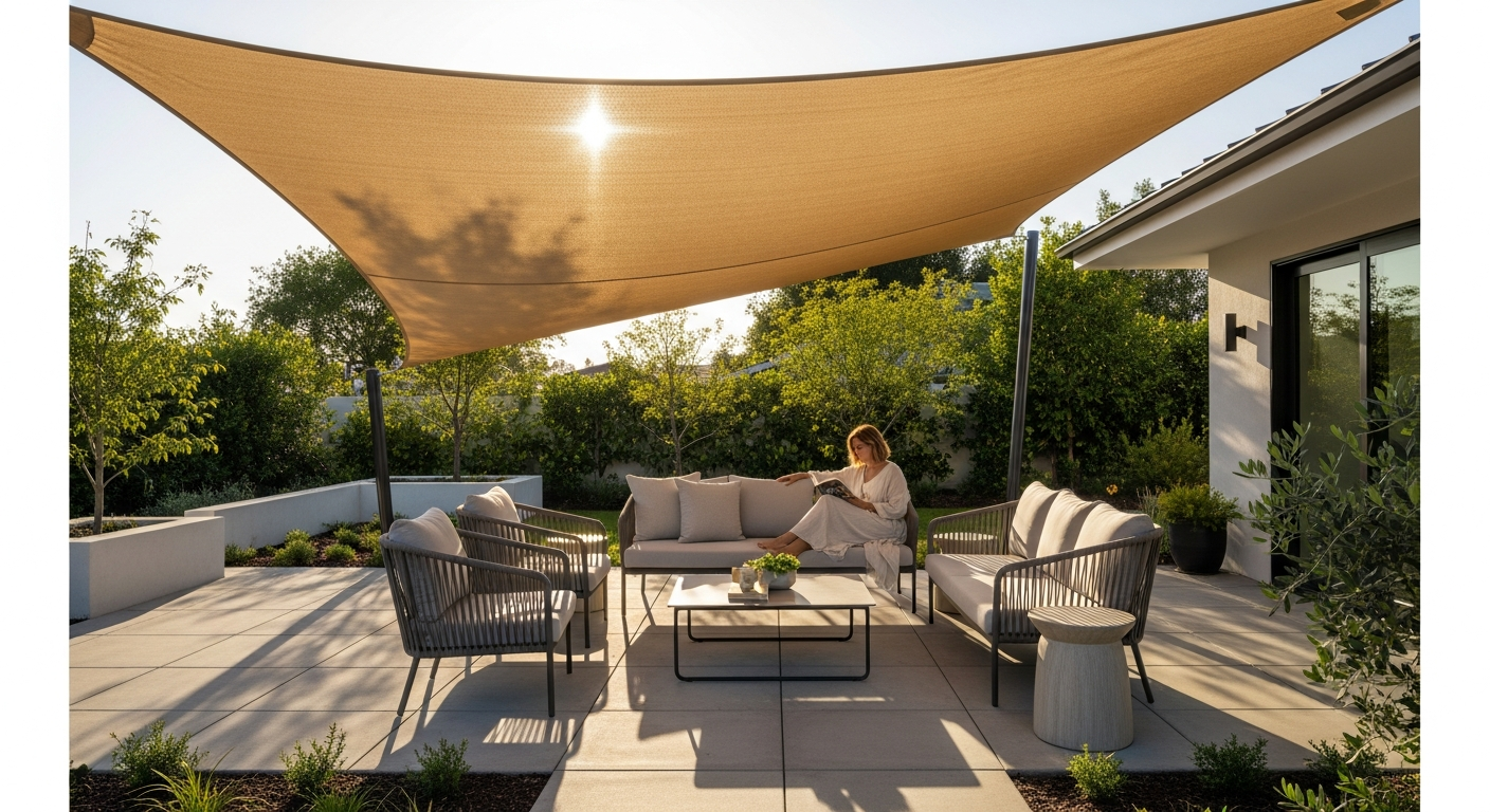Outdoor Queen custom sun sail providing shade over a residential patio area
