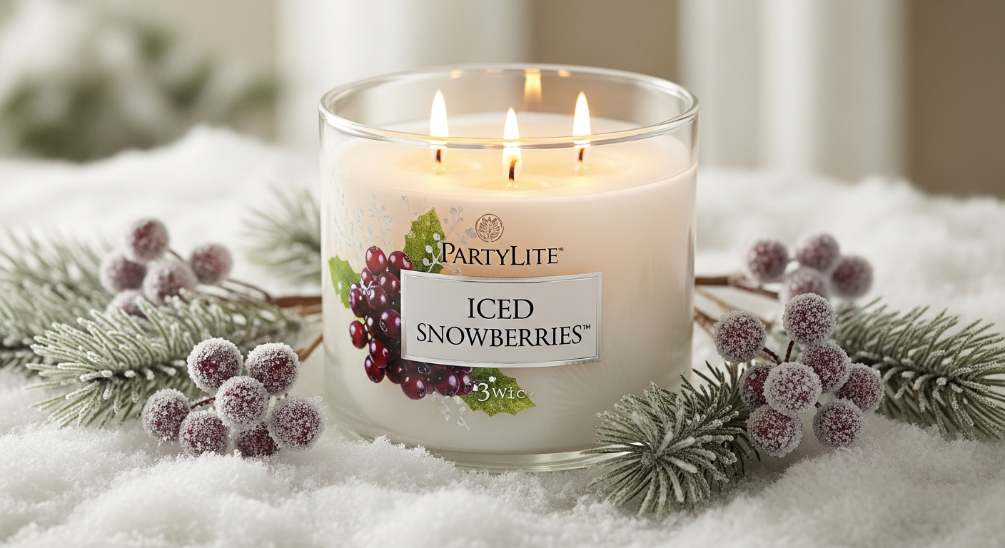 PartyLite 3-Wick Jar Candle Iced Snowberries winter fragrance in elegant glass container