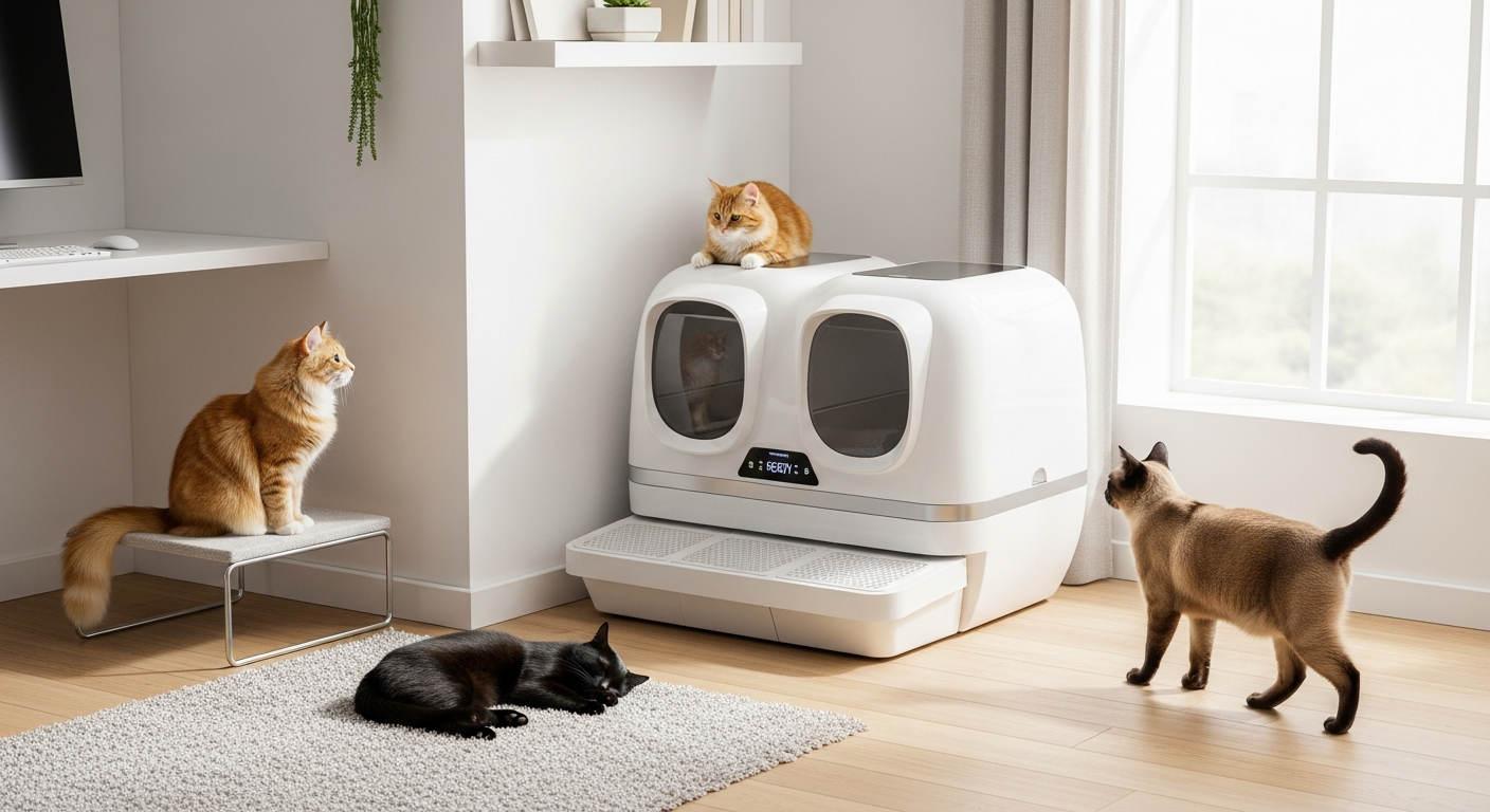 PetPivot AutoScooper self-cleaning litter box with multiple cats in home