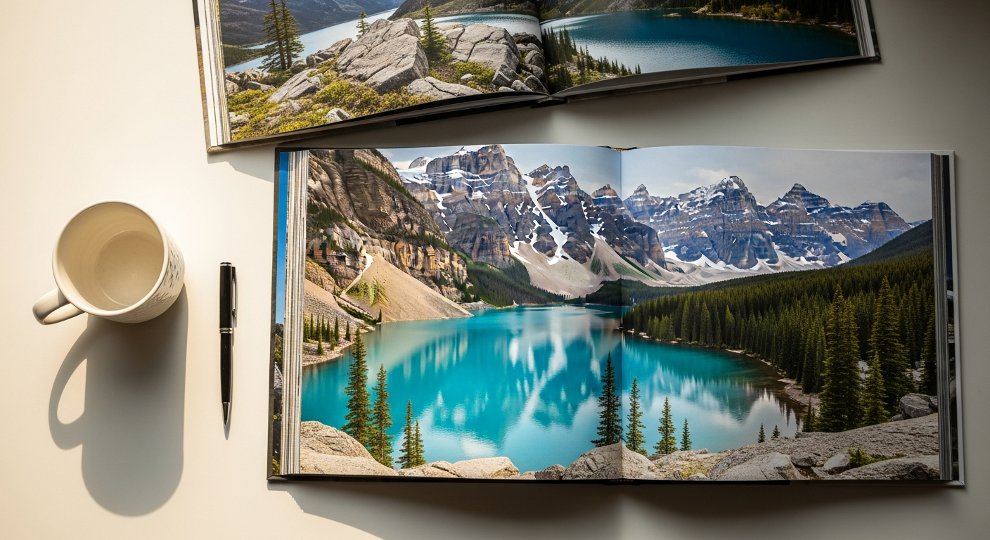 Custom landscape hardcover photo book with vibrant family memories displayed on wooden table