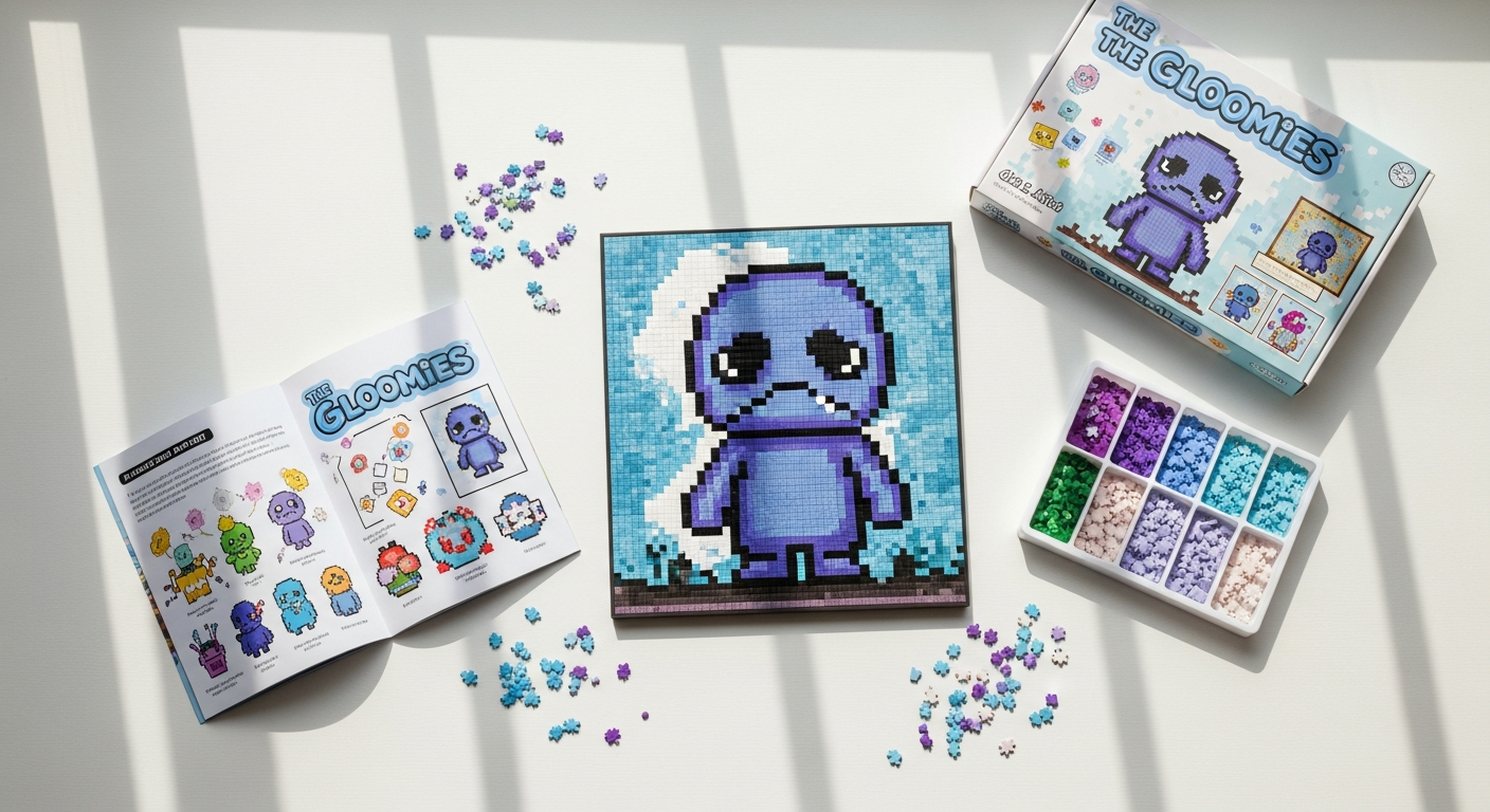 Colorful pixel art ghost mosaic craft kit with vibrant 8-color glass tiles