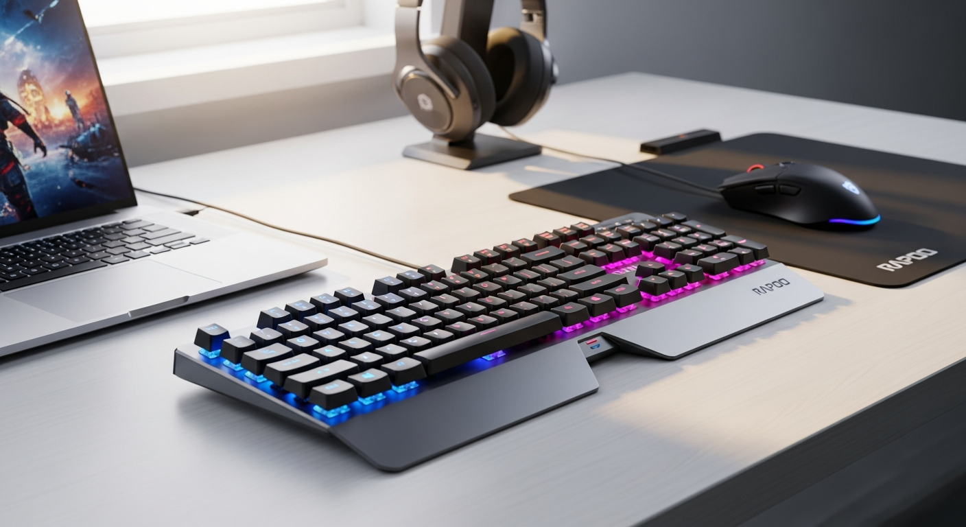 Rapoo V500 Pro mechanical gaming keyboard with blue switches and RGB backlighting on desk