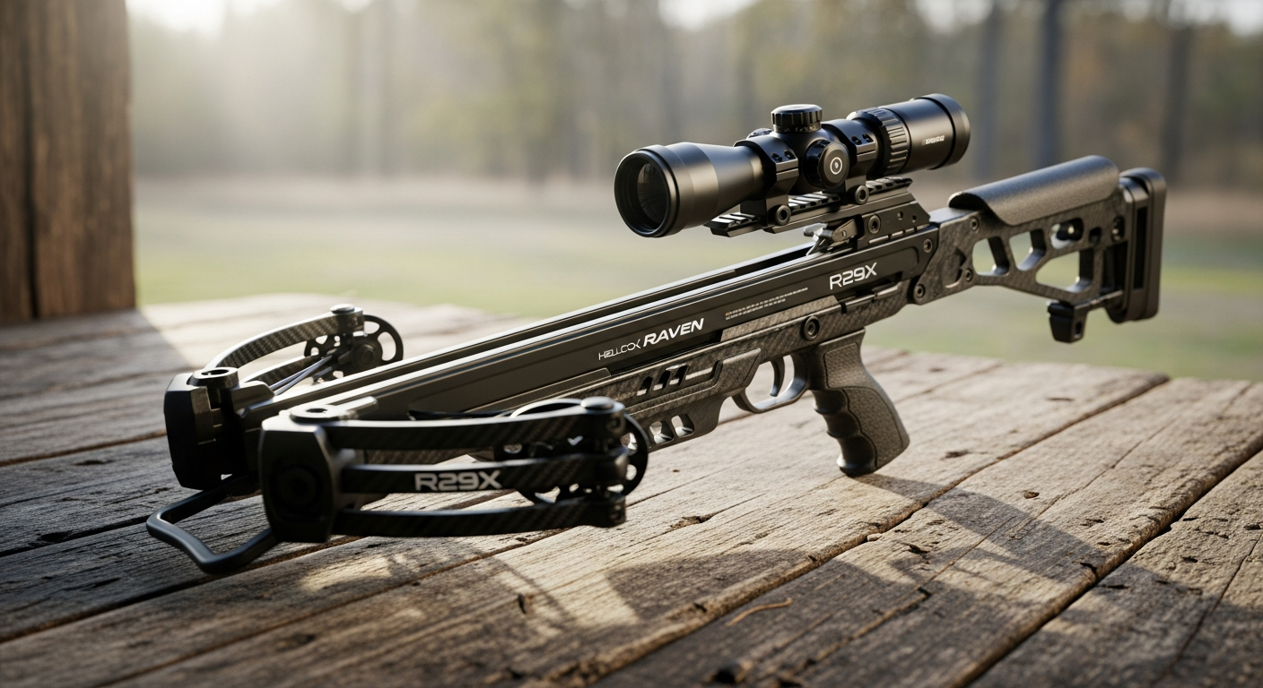 Ravin R29X compact crossbow displayed in hunting tree stand environment