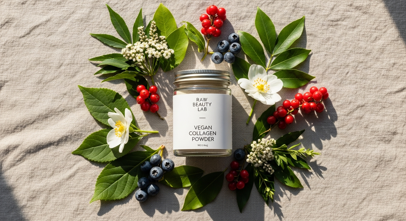 Raw Beauty Lab vegan collagen powder booster in elegant packaging with fresh berries