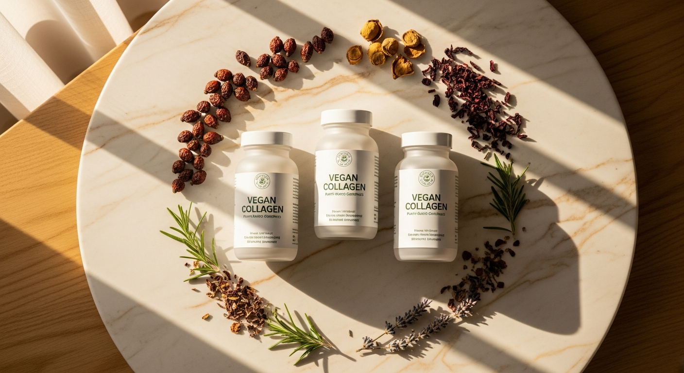 Raw Beauty Lab Vegan Collagen Luxe Supplement powder in glass with plant ingredients