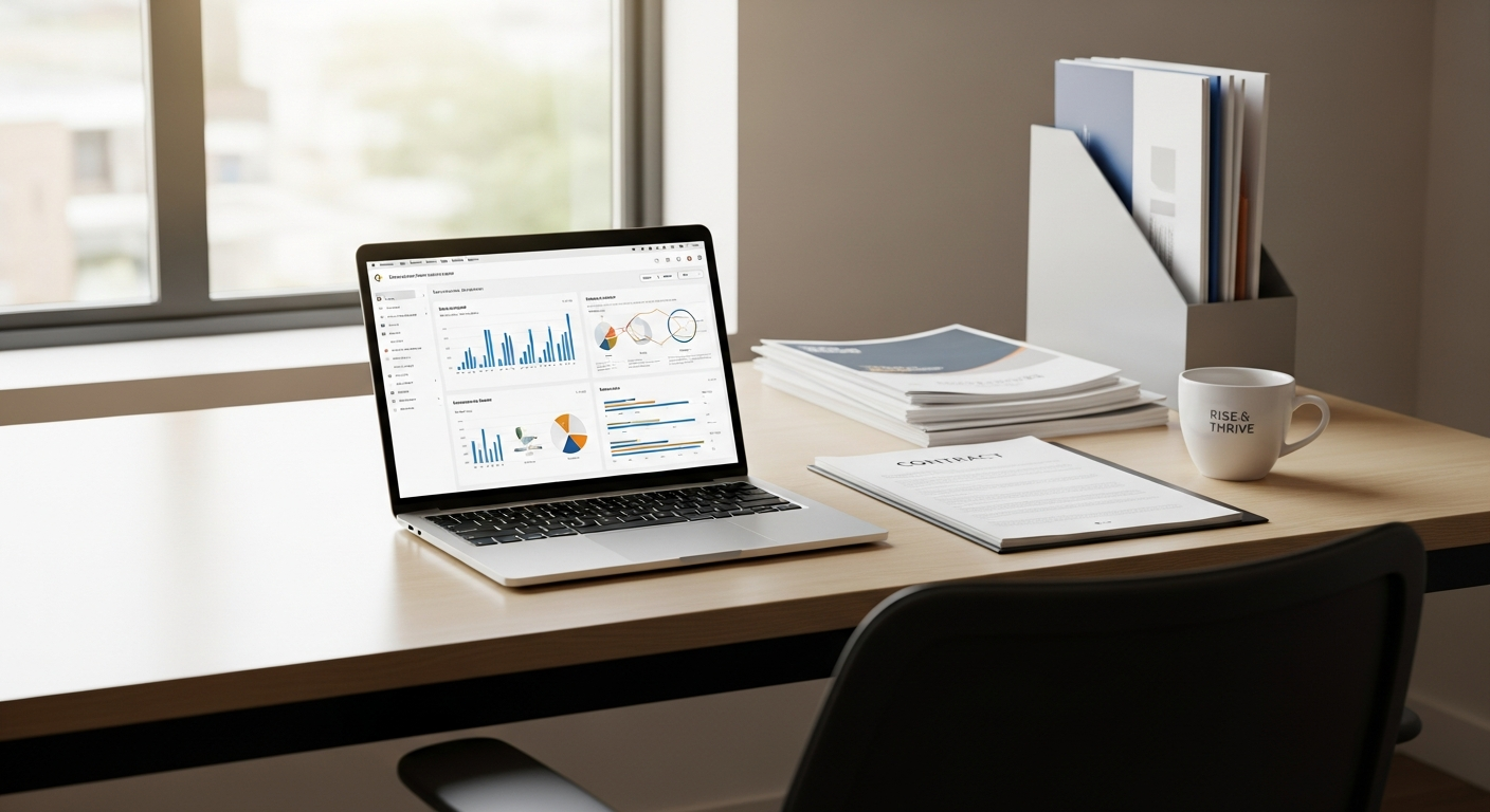 Business professional using rental laptop at modern office workspace