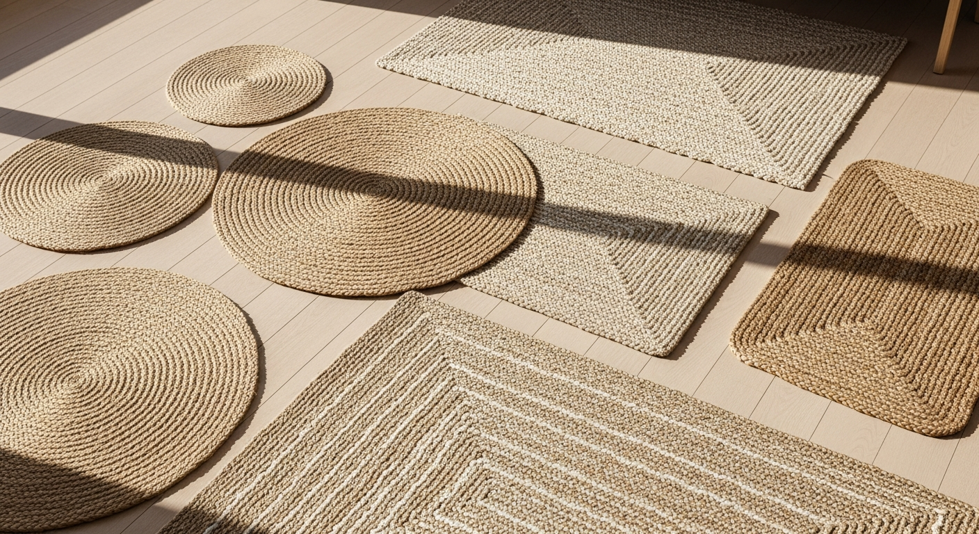 Natural jute braided area rug in neutral tone displayed in modern living room