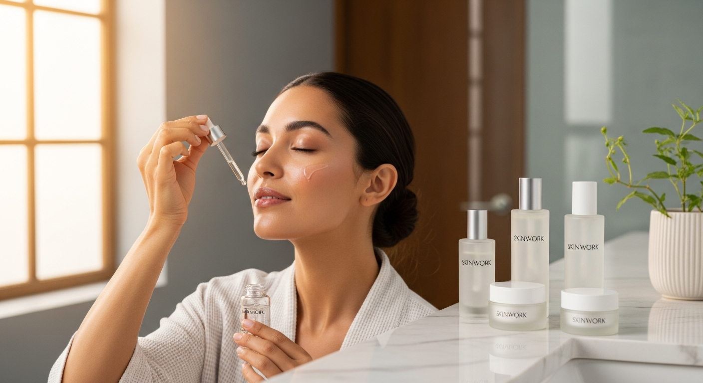 SKINWORK PRO. GLOW Hydrating Gel-Cream jar displayed with fresh skincare ingredients and glowing complexion background