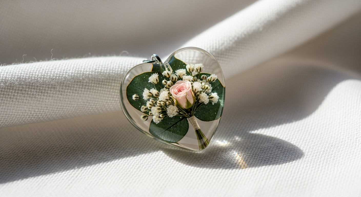 Delicate wedding flowers preserved in crystal-clear resin heart keepsake