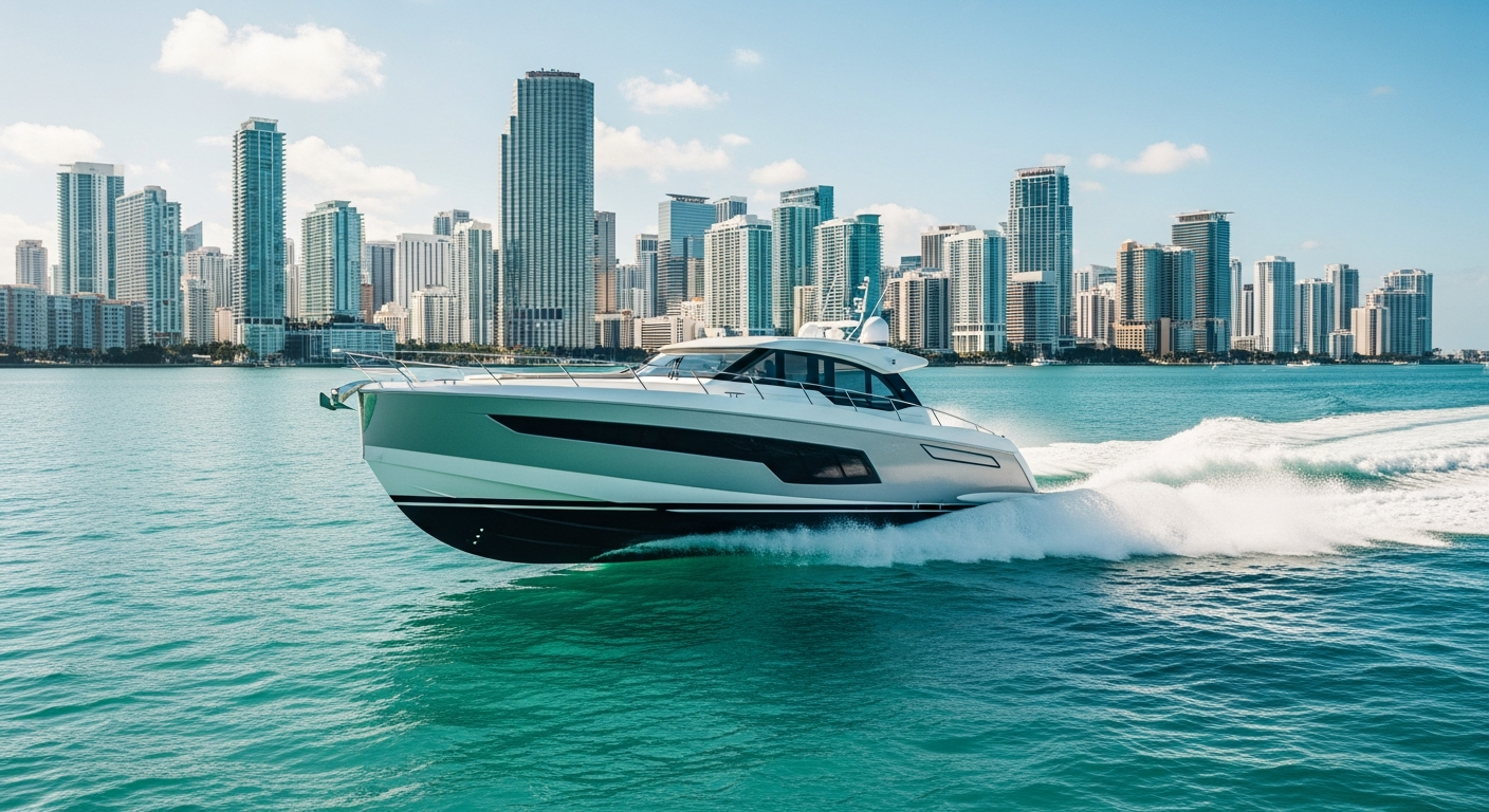 Luxury motorboat anchored in Miami waters with dolphins swimming nearby and sunset skyline