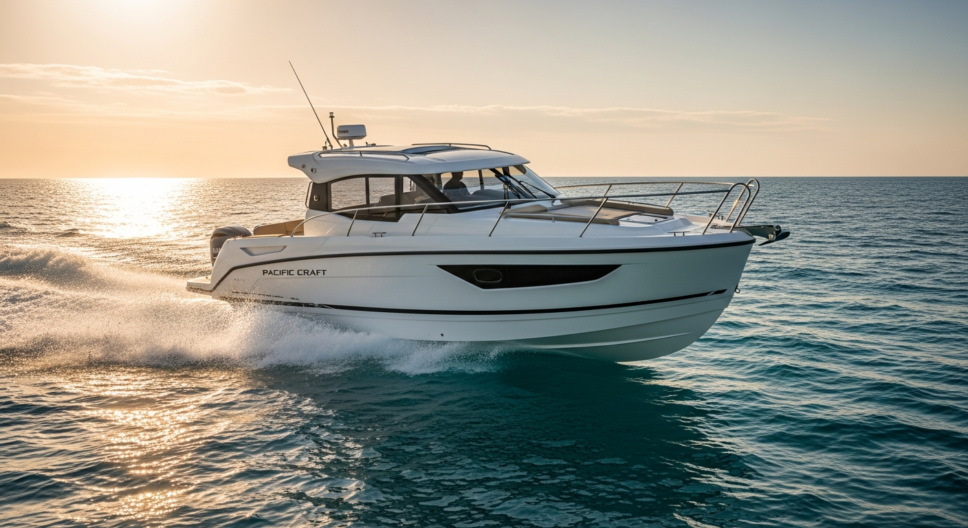 Pacific Craft 625 Open motorboat anchored in Mediterranean waters with seven passengers enjoying sunny deck