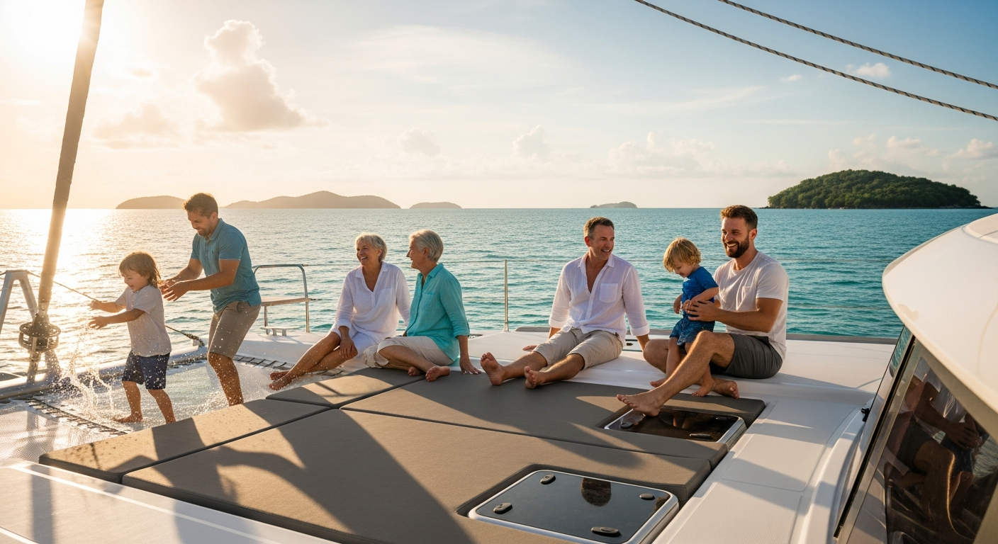 Family enjoying spacious deck of modern catamaran yacht charter vacation