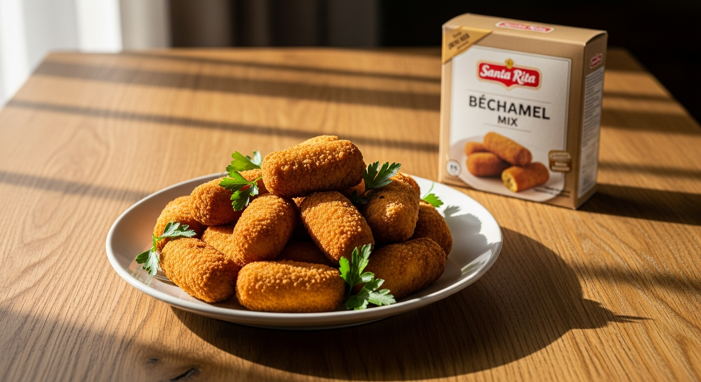 Golden Spanish croquetas with creamy béchamel filling on white plate