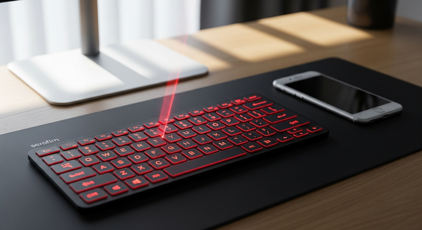Serafim Keybo virtual laser projection keyboard displaying QWERTY layout on flat surface