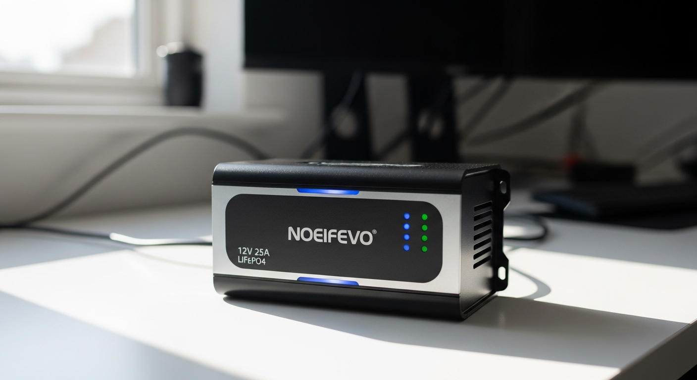 Noeifevo 12V 25A LiFePO4 battery charger with Anderson connectors and aluminum housing