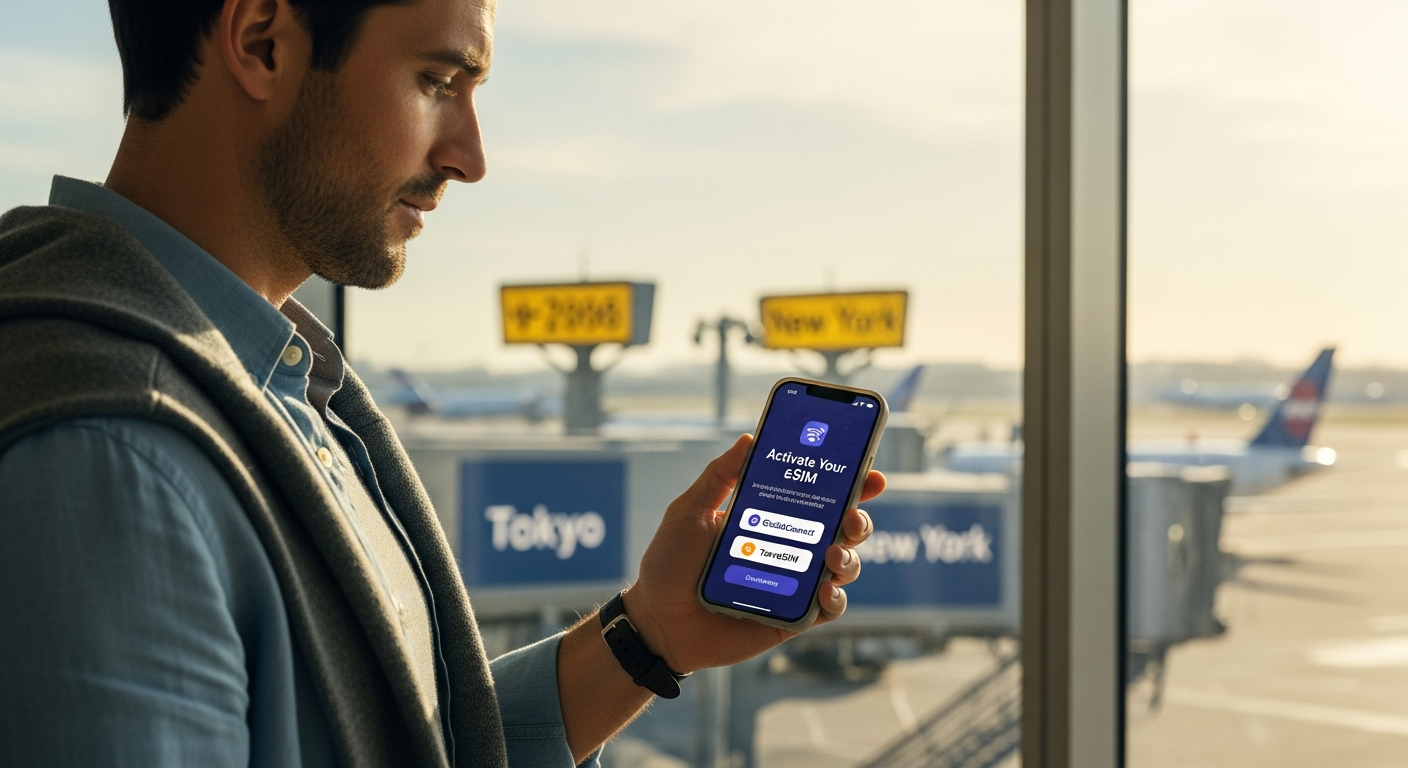 Digital SIM card displayed on smartphone screen with world map background