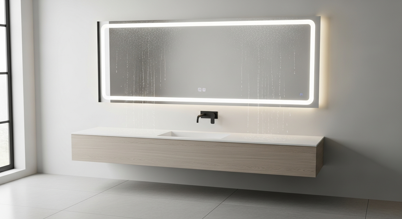 Modern LED bathroom mirror with anti-fog technology and integrated lighting