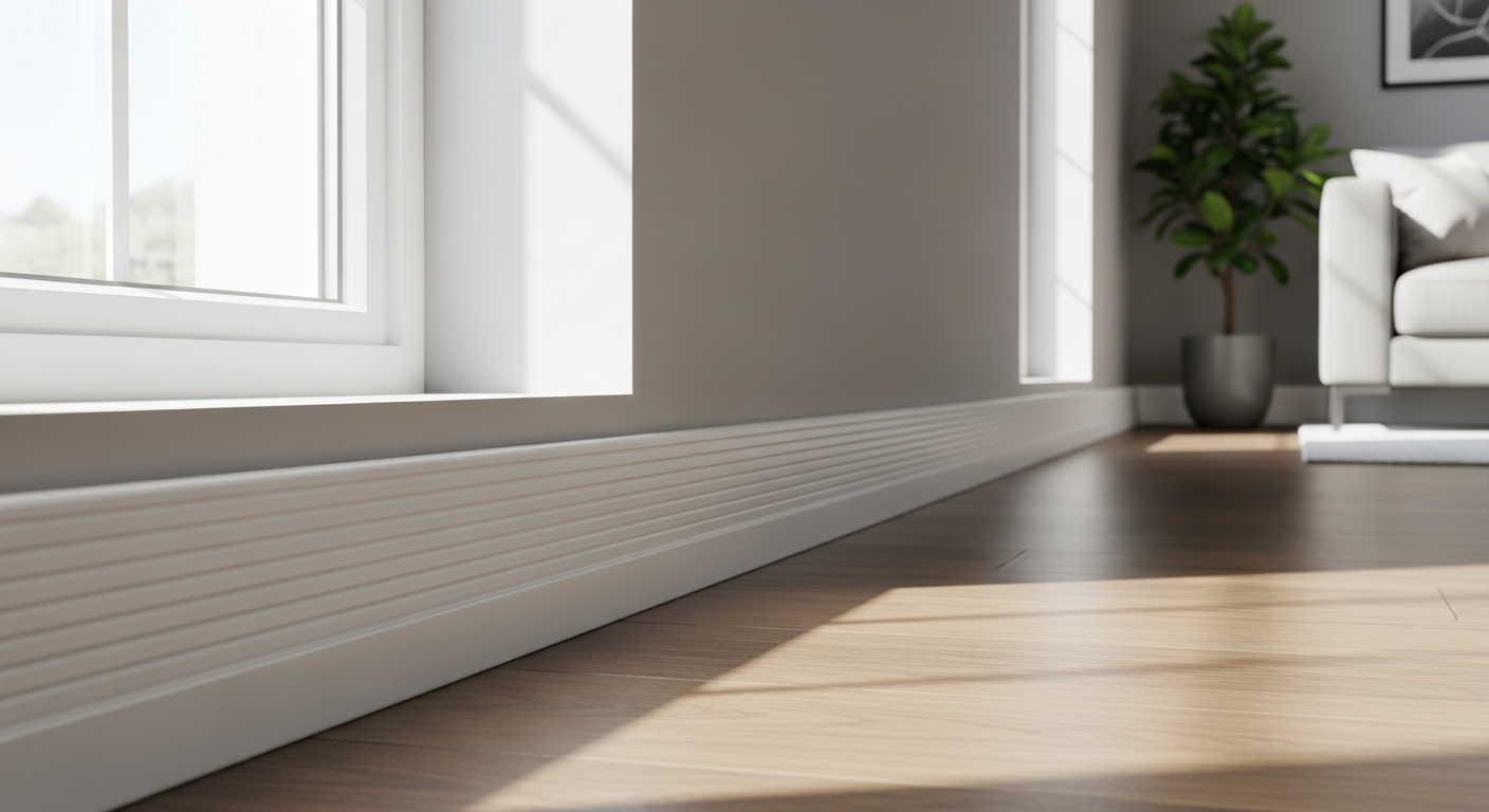 Square edge grooved MDF skirting board installed along white wall baseboards