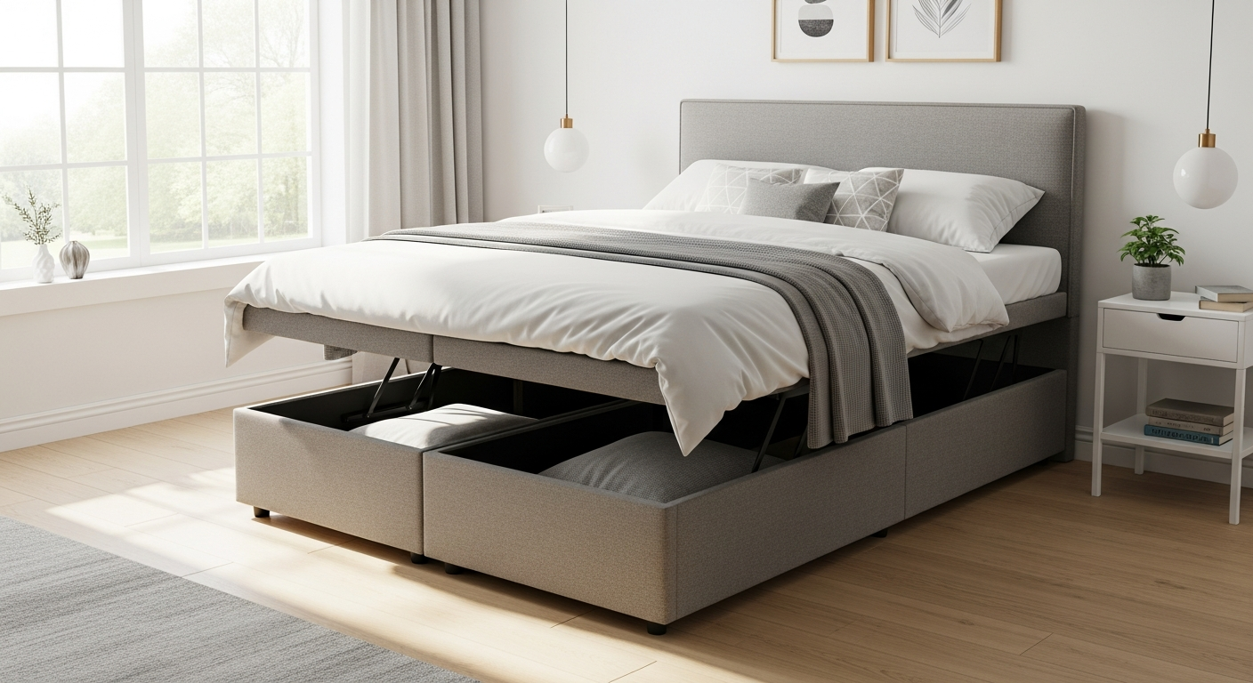 Modern double ottoman storage bed with hydraulic lift mechanism and plush velvet upholstery in bedroom