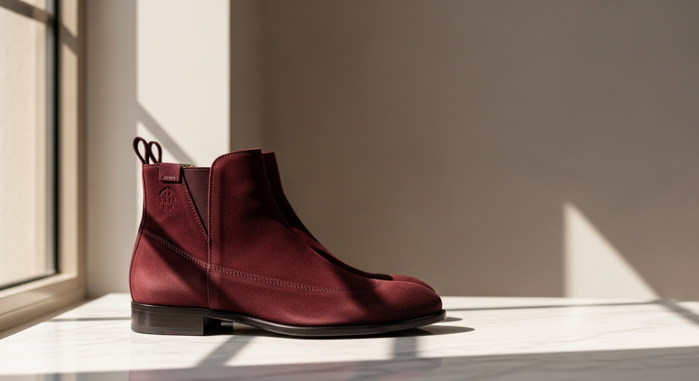 Burgundy suede ankle boots with flared neckline and non-slip rubber sole