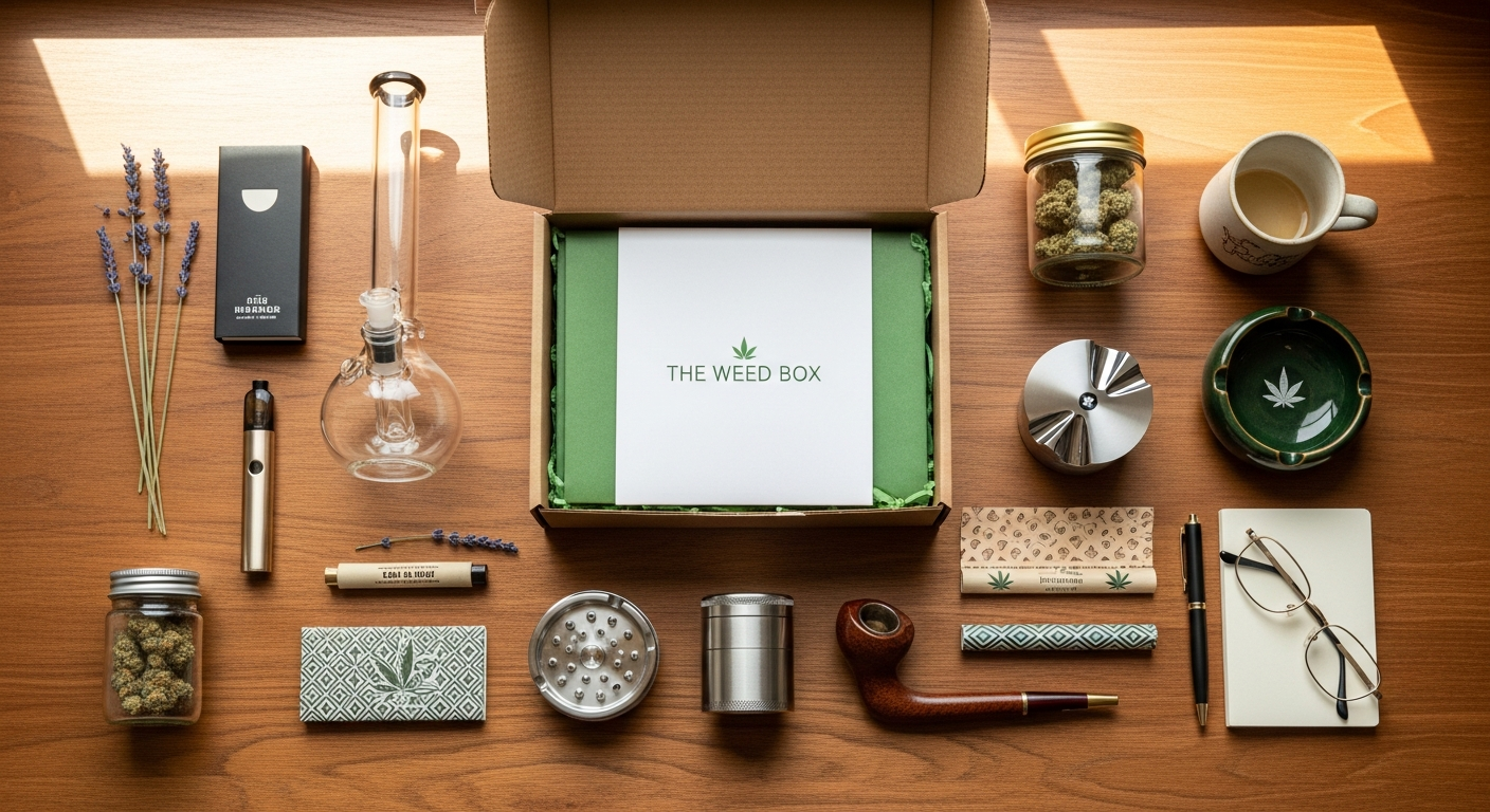 The Weed Box monthly subscription cannabis accessories unboxing contents display