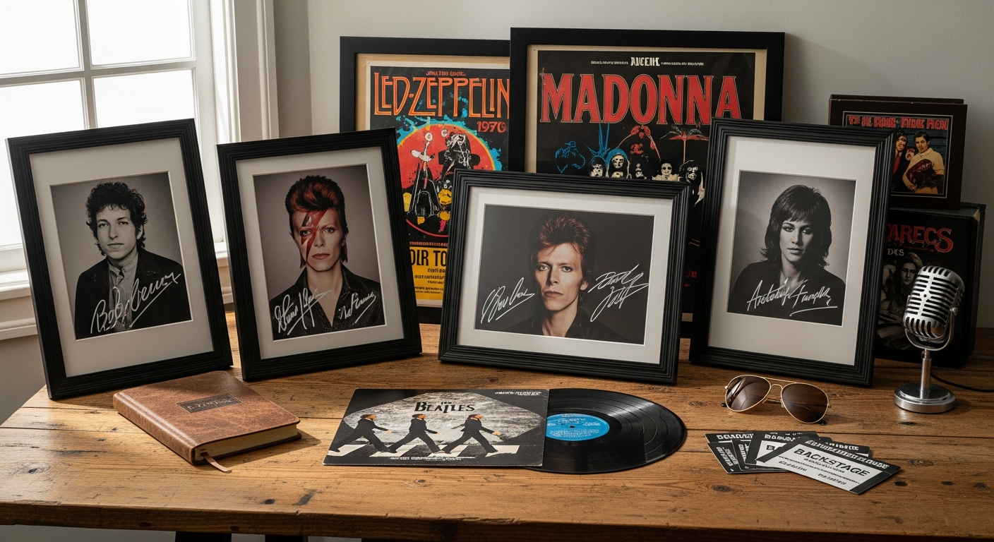 Personalized celebrity autographed prints and memorabilia displayed in professional framing