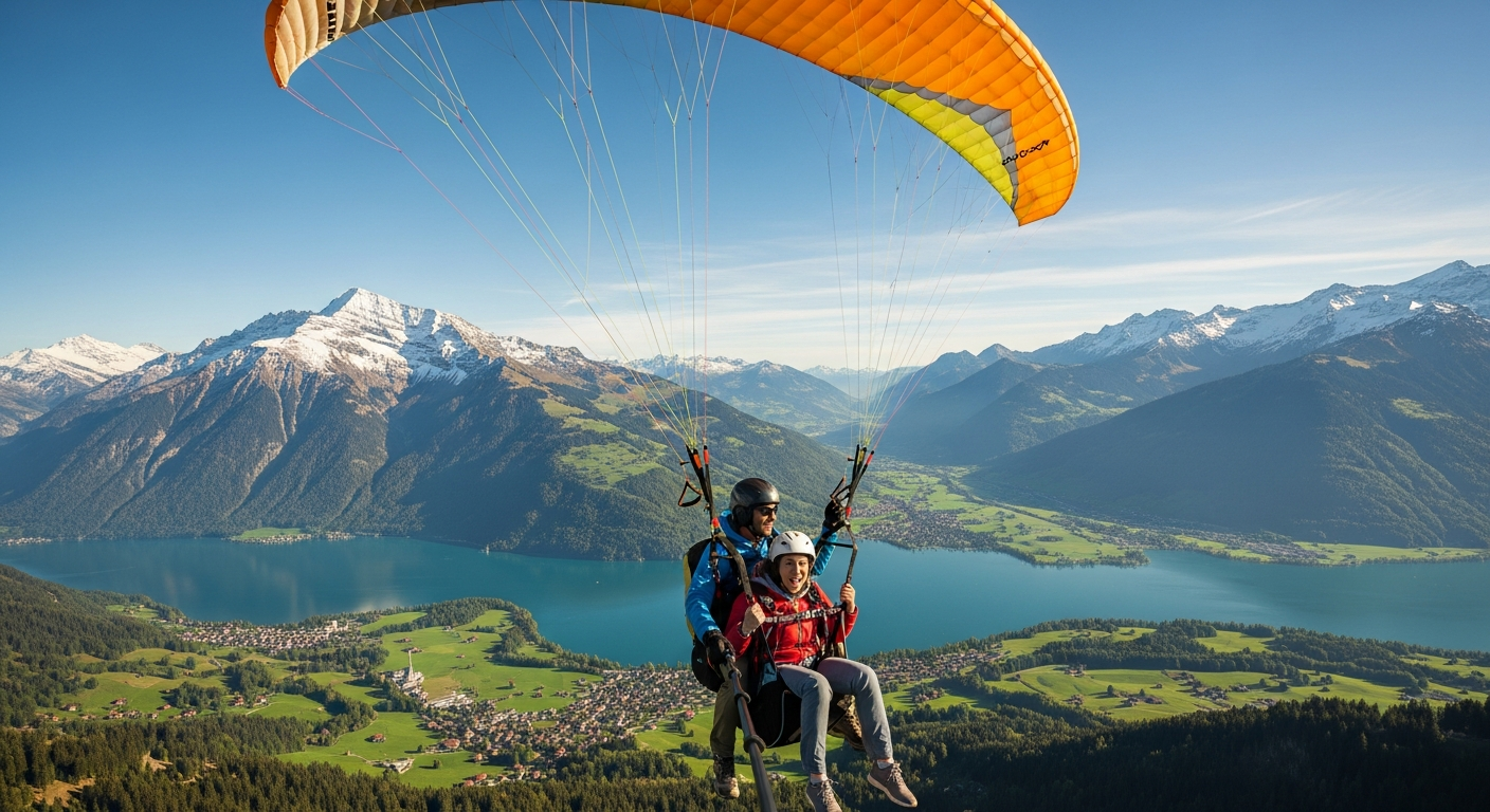 Tandem paraglider soaring above snow-capped Swiss Alps peaks with turquoise lakes below