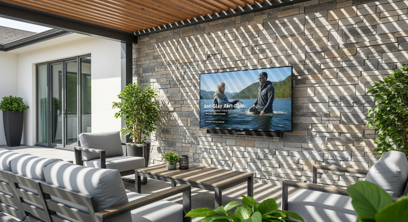 Sylvox Deck Pro 43-inch outdoor TV mounted on covered patio with pergola