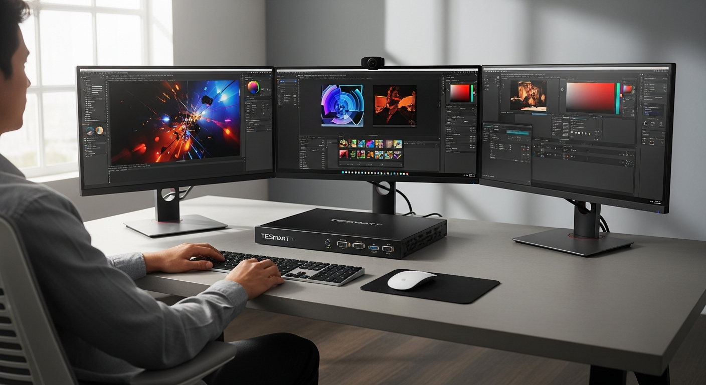 TESmart 4-Port 8K HDMI 2.1 KVM switch with multiple connected cables and ports