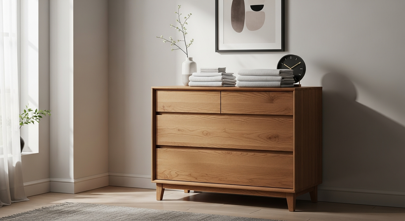 Modern Evo Two-Door Three-Drawer Chest of Drawers in Kashmir Castello Oak finish with elevated metal legs