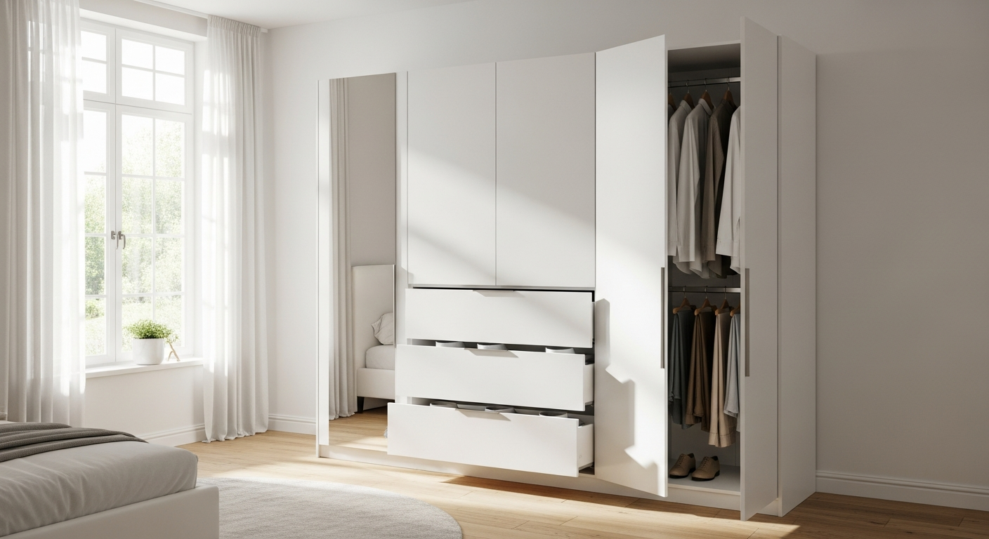 Spacious Nepo Plus wardrobe with drawers and shelving for bedroom storage