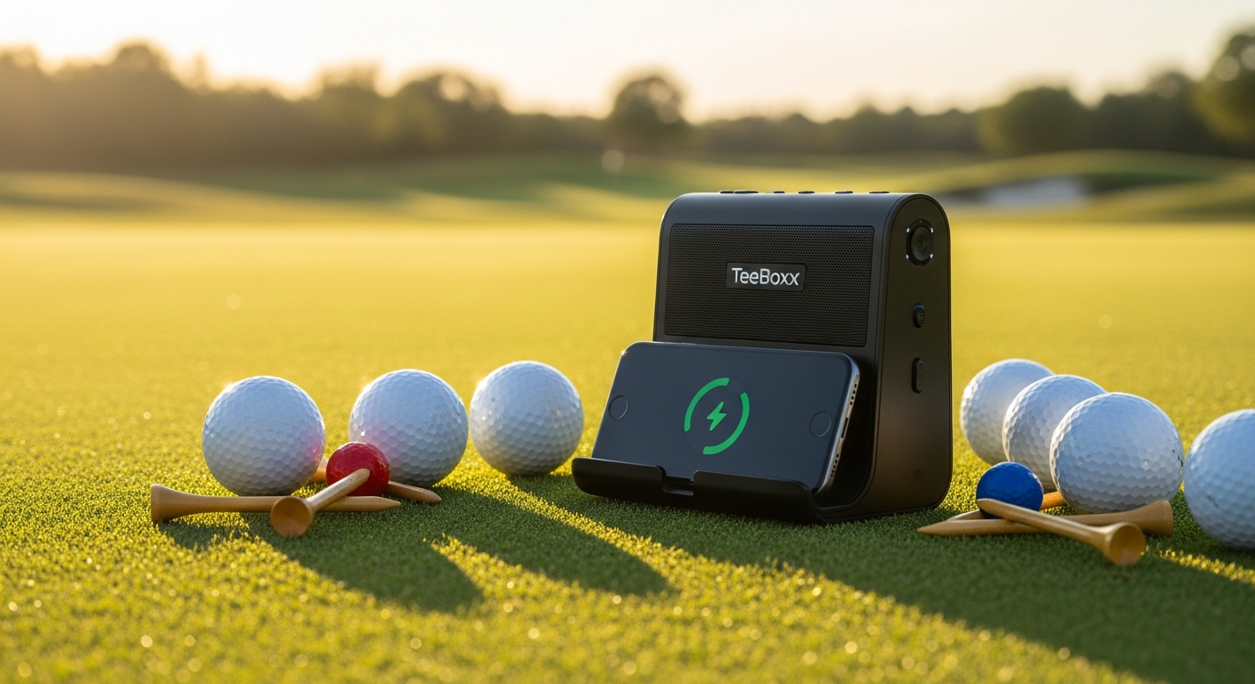 TeeBoxx Magnetic Golf Speaker Charger mounted on golf cart dashboard with phone charging